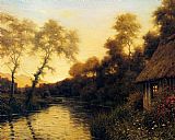 Louis Aston Knight Wall Art - A French River Landscape At Sunset